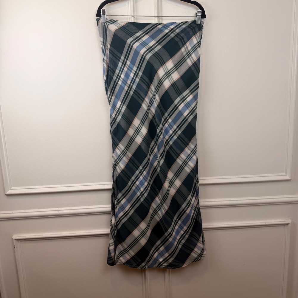 American Eagle Plaid Bias Cut Midi Skirt Teal Blue White Elastic Waist Large